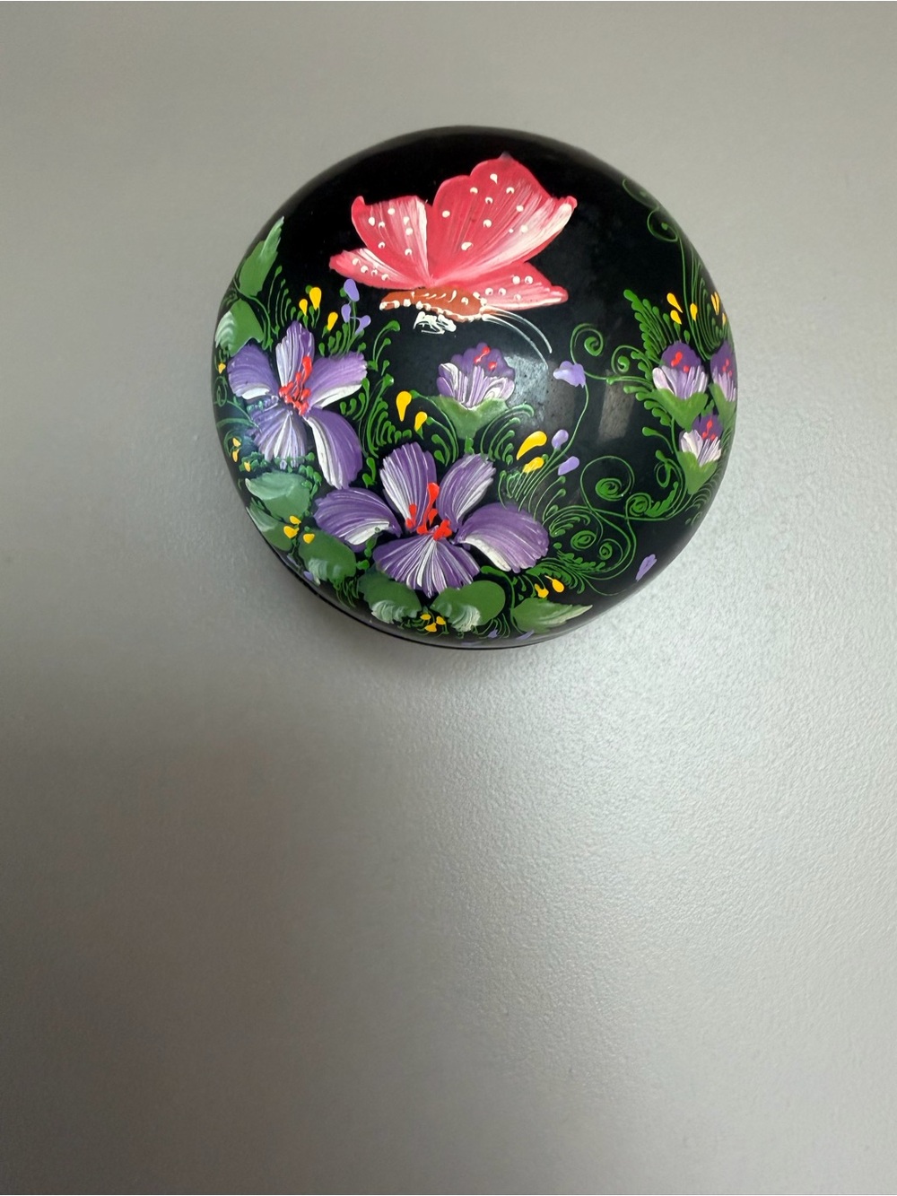 Hand-Painted Floral Trinket Box — Black with Pink & Purple Accents